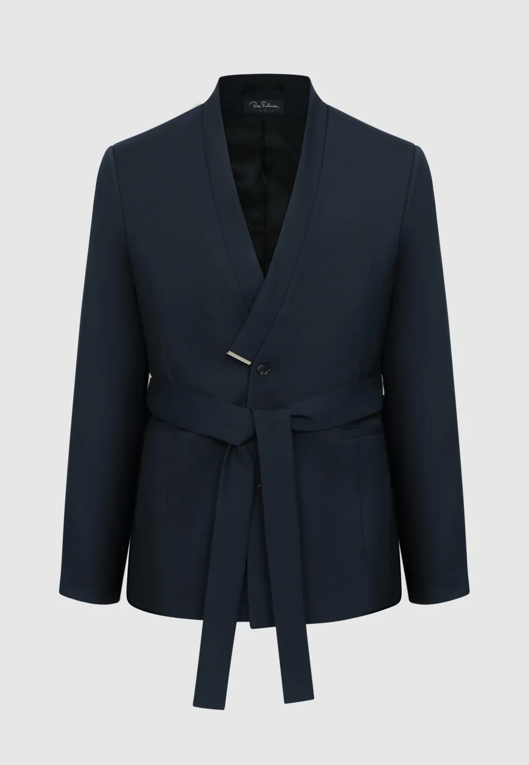 Pierre Talamon Yukata veste laine bleu marine ceinturée