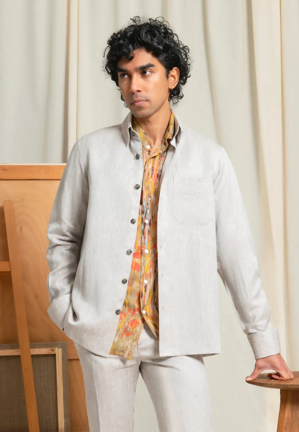 Pierre Talamon surchemise lin beige coupe droite