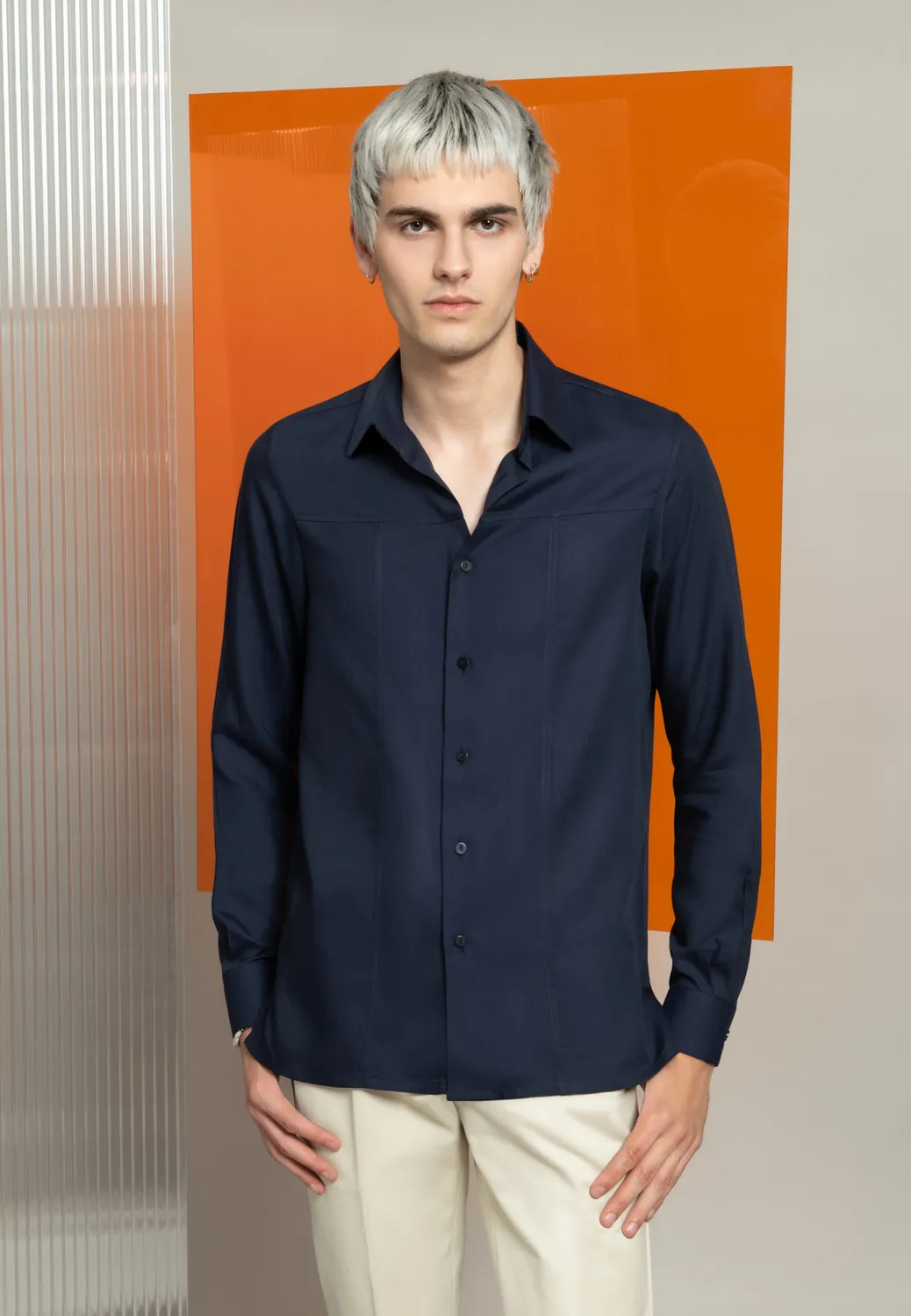 Pierre Talamon chemise à découpes bleu marine coton