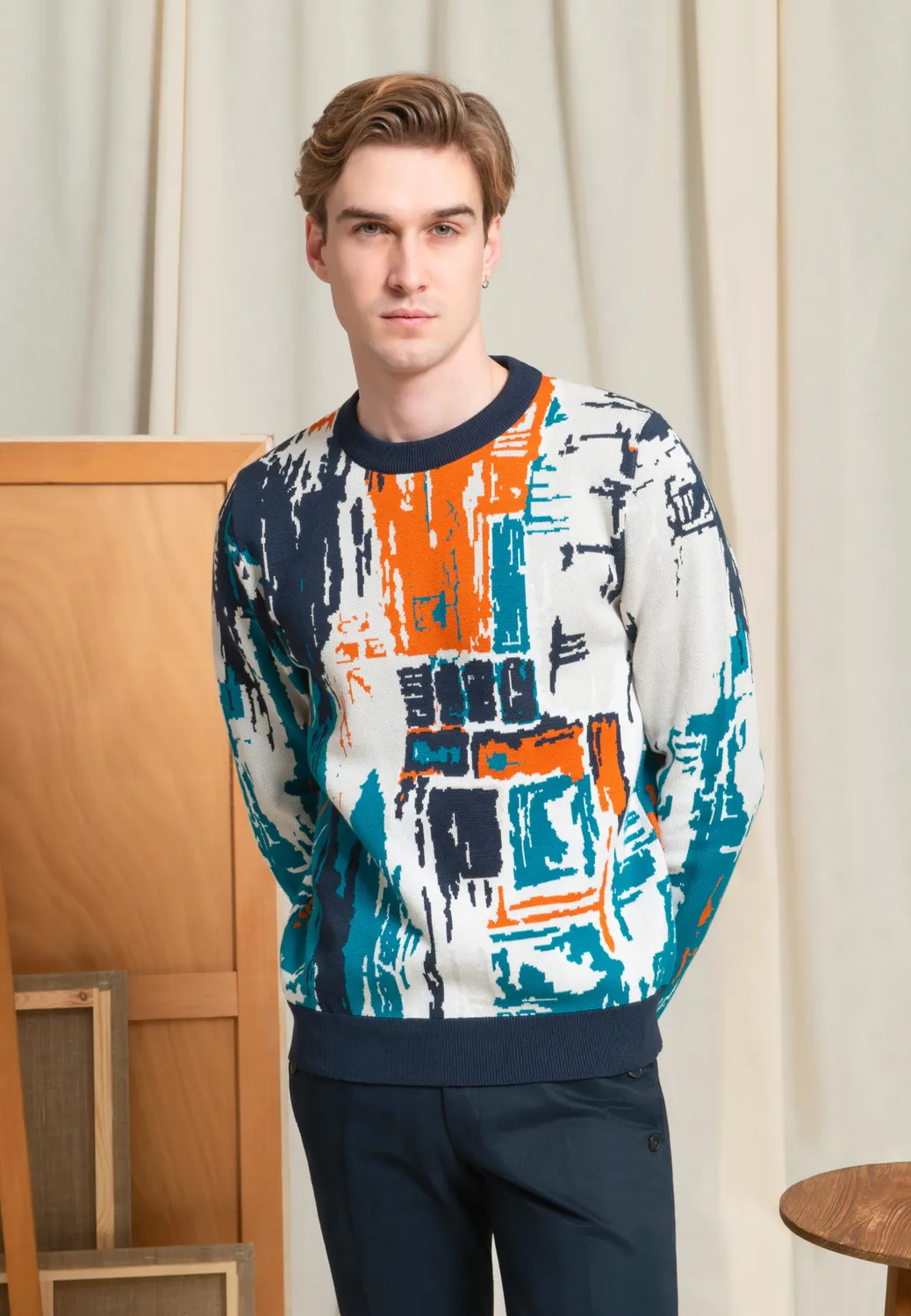 Pierre Talamon Paysage pull orange à motif