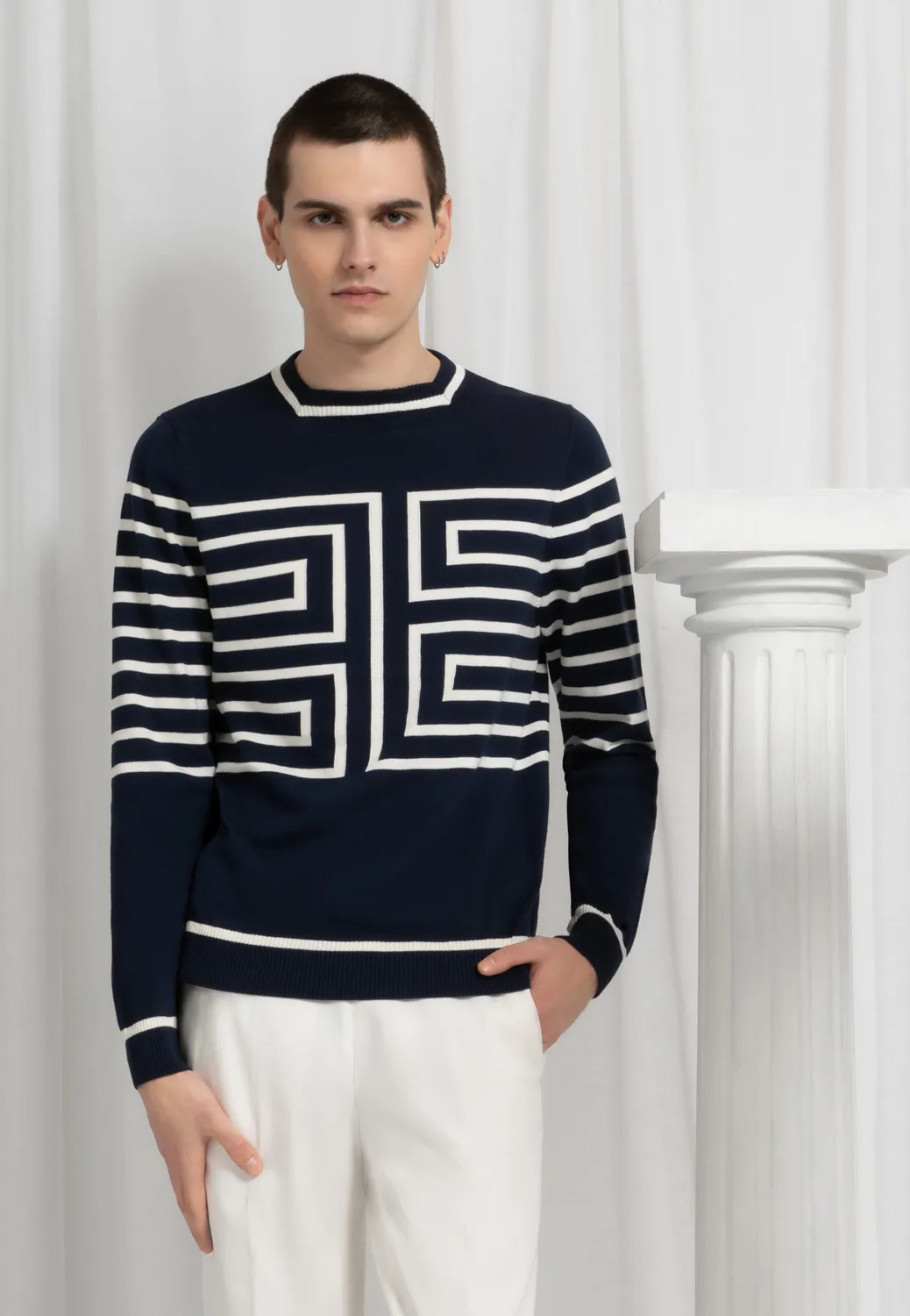 Pierre Talamon pull jersey graphique marine ivoire