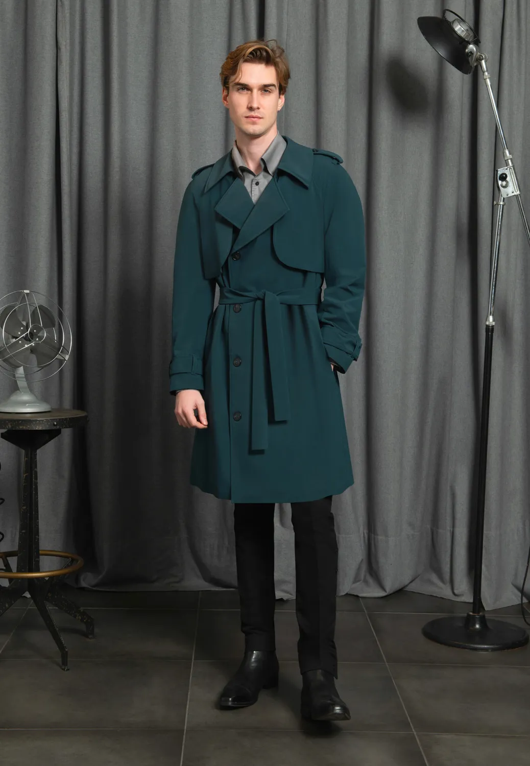 Pierre Talamon trench bleu paon coupe droite
