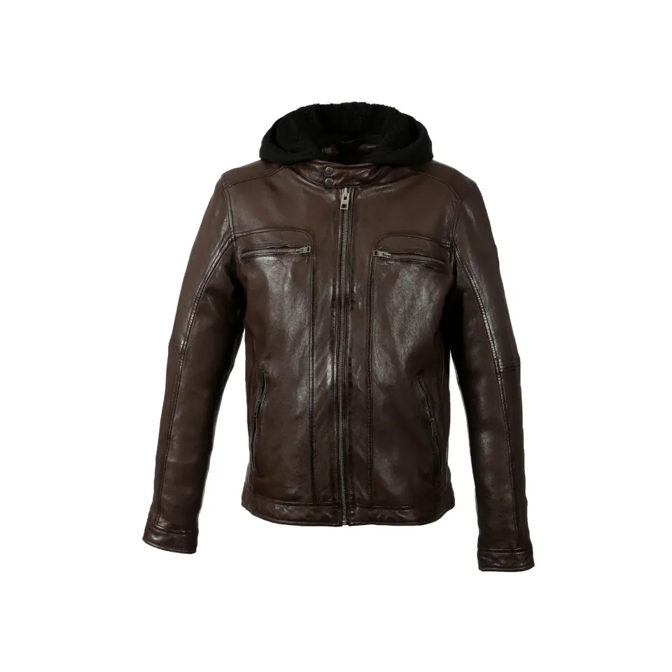 Oakwood Drink 63036 blouson cuir homme chocolat capuche amovible