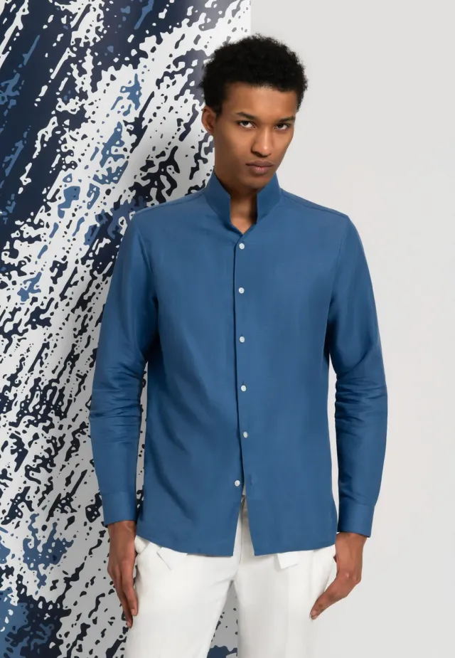 Pierre Talamon chemise col officier bleue lin coton