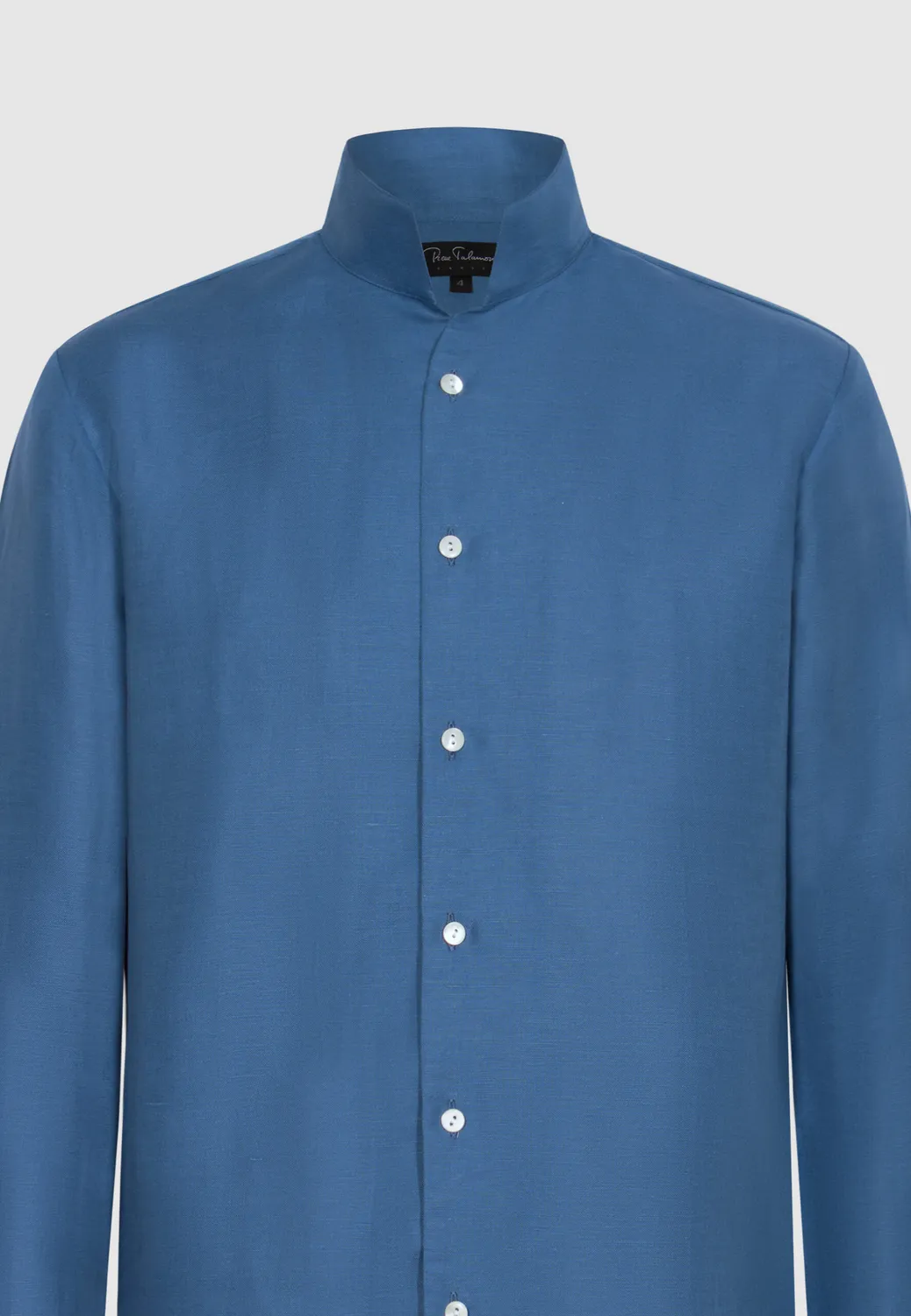 Pierre Talamon chemise col officier bleue lin coton