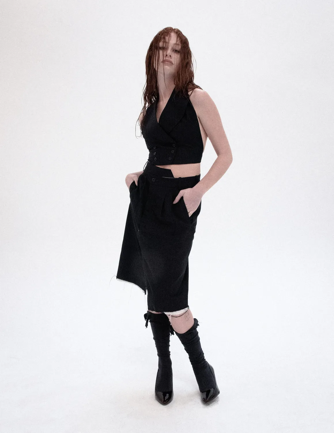 PAOLO LEDUC Wet Dreams gilet tailleur laine rayée bleue