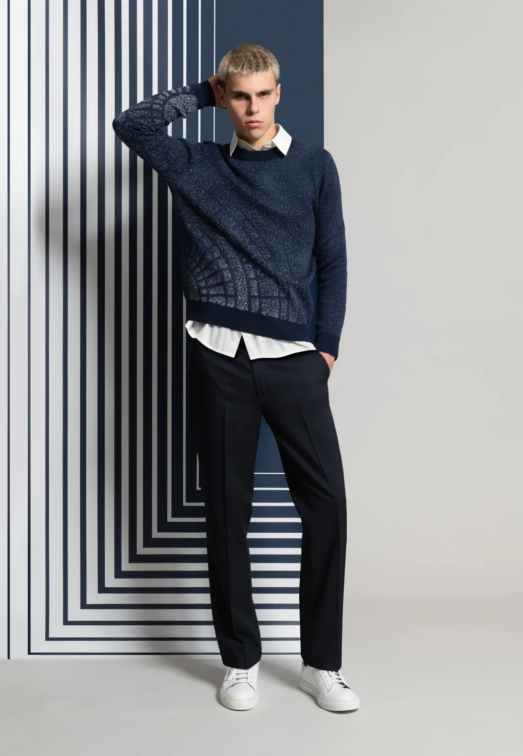 Pierre Talamon Jacquard Motif Neige Pull Marine Laine