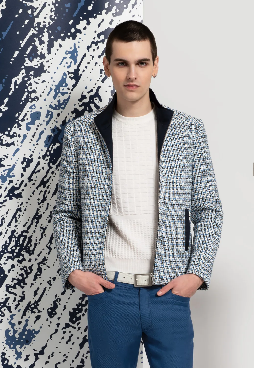 Pierre Talamon Tweed blouson court bleu blanc
