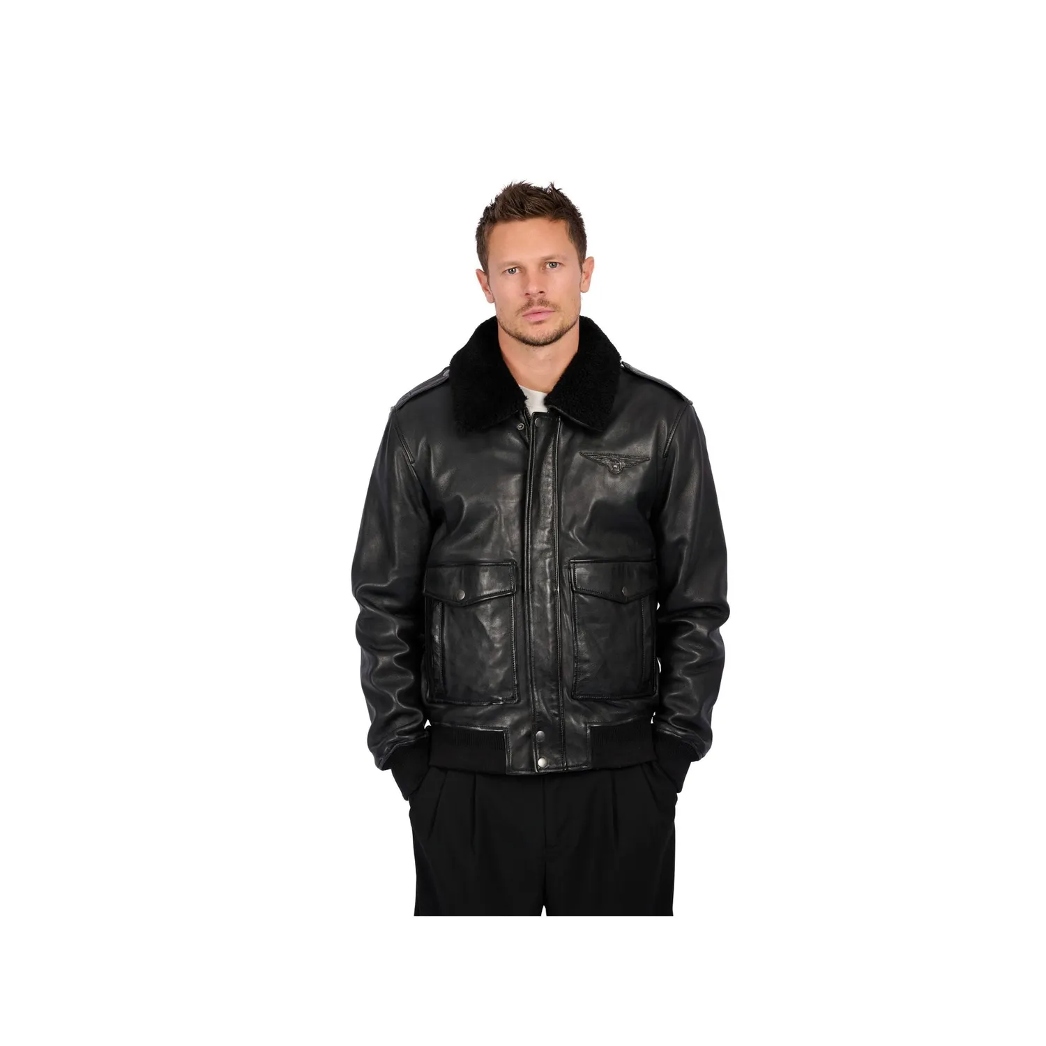 Oakwood B12 65177 blouson cuir homme noir col laine