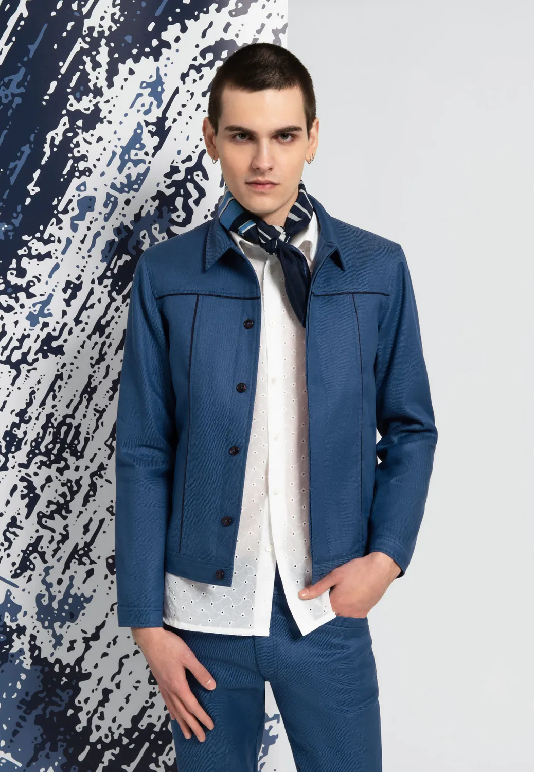 Pierre Talamon Trucker blouson bleu coton lin