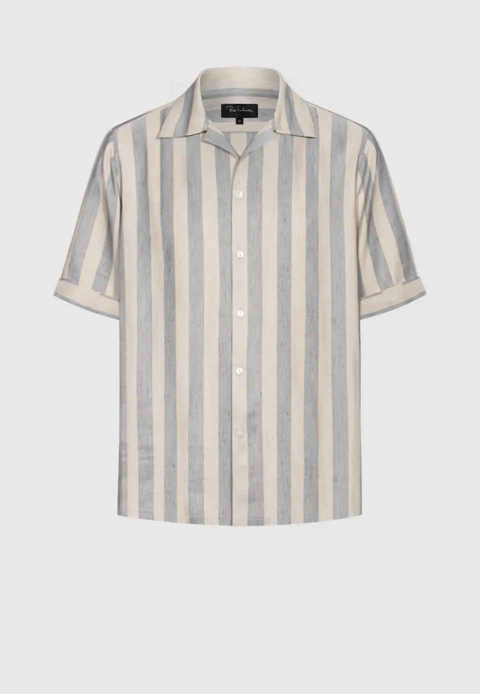 Pierre Talamon chemise rayures beige-bleu manches courtes viscose