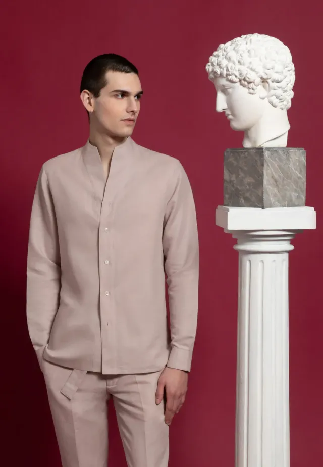 Pierre Talamon Col Montant chemise lin rose coupe droite