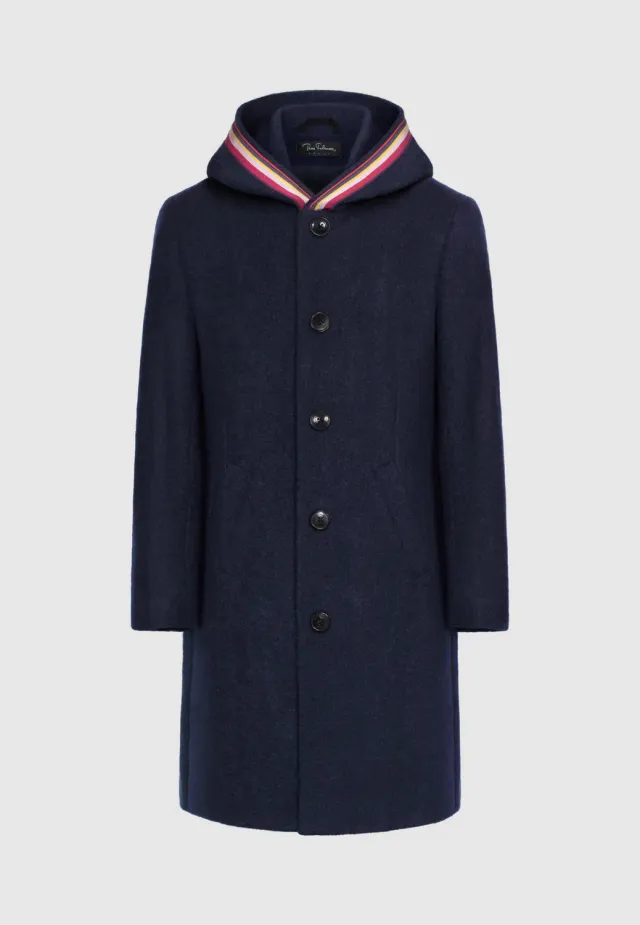 Pierre Talamon Manteau Laine Bleu Marine Capuche Galon