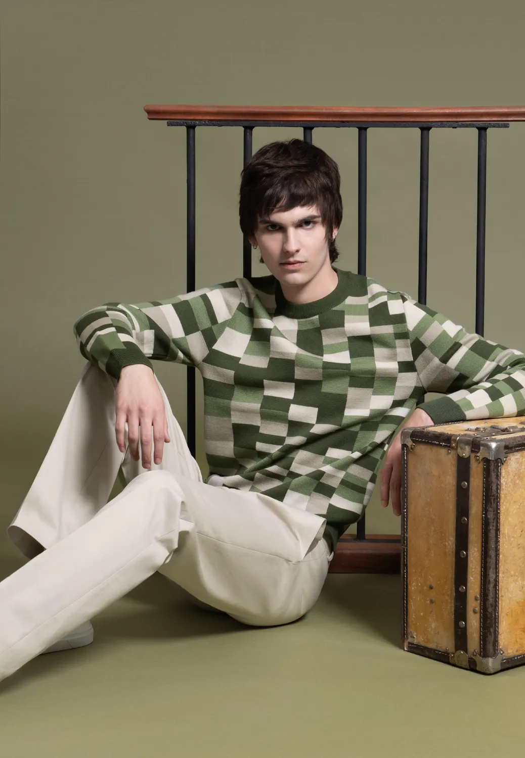 Pierre Talamon jacquard pull carreaux verts mérinos
