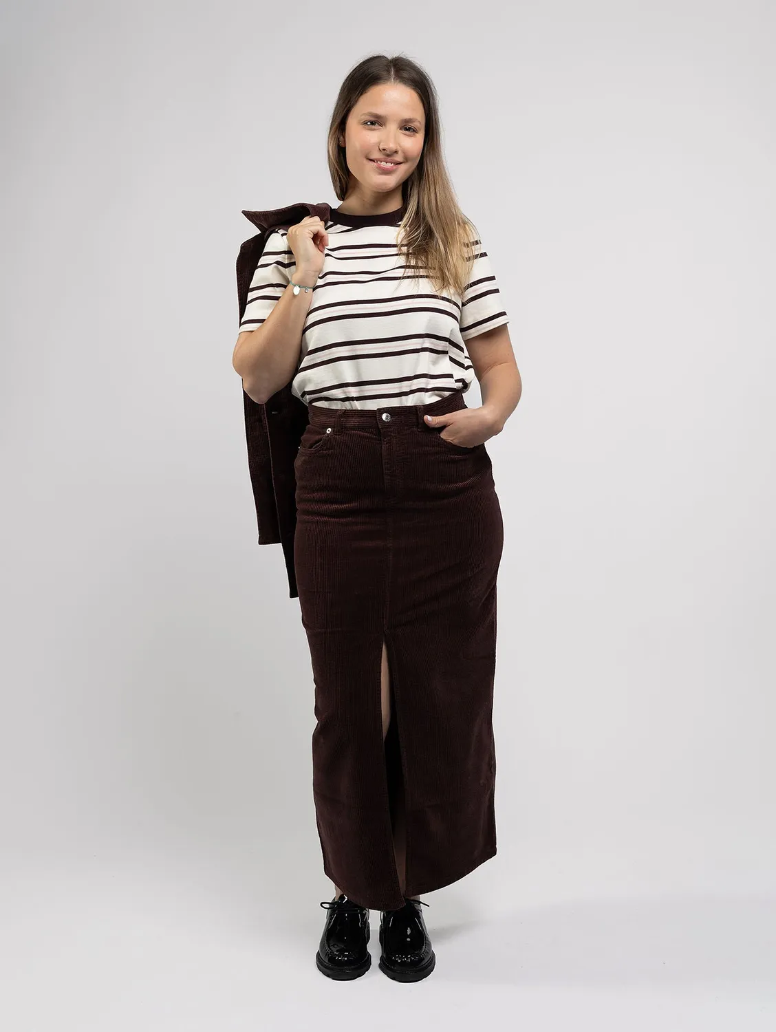 Cotelé Paris jupe Frida chocolat midi fendue droite 32-44