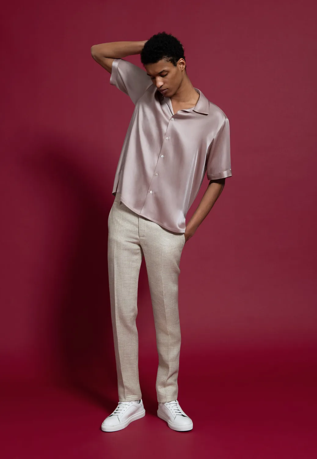 Pierre Talamon chemise satin rose col hawaïen