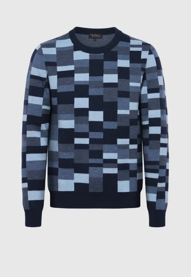 Pierre Talamon Jacquard Carreaux Bleus Pull Mérinos