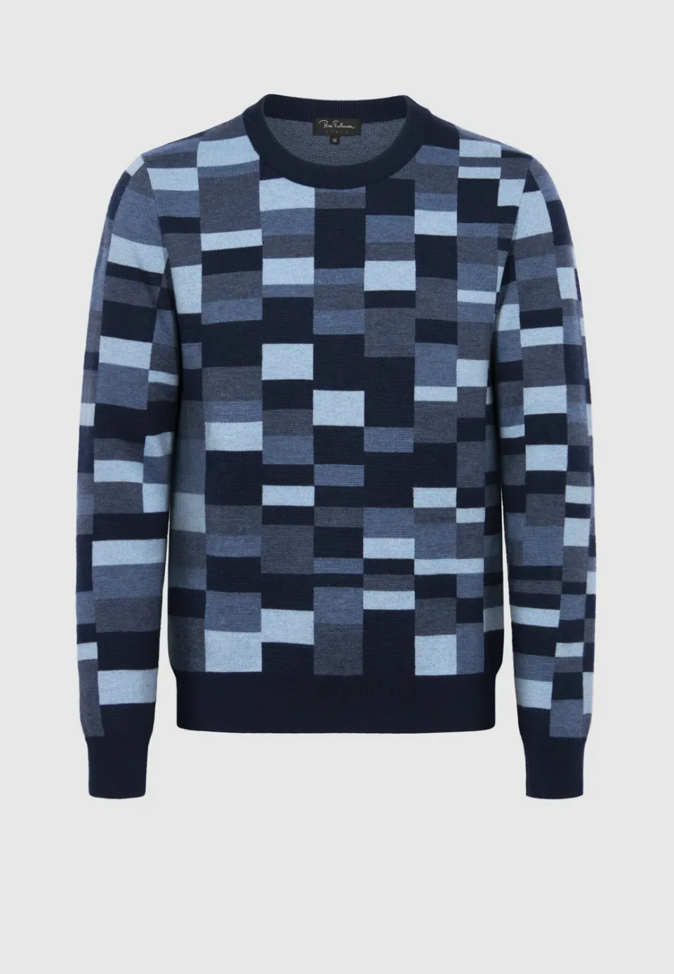Pierre Talamon Jacquard Carreaux Bleus Pull Mérinos