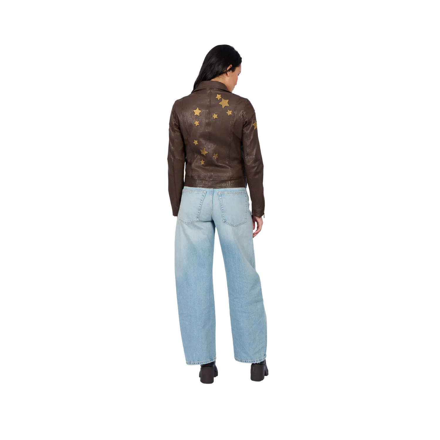Oakwood Ed 65158 blouson cuir asymétrique choco étoiles