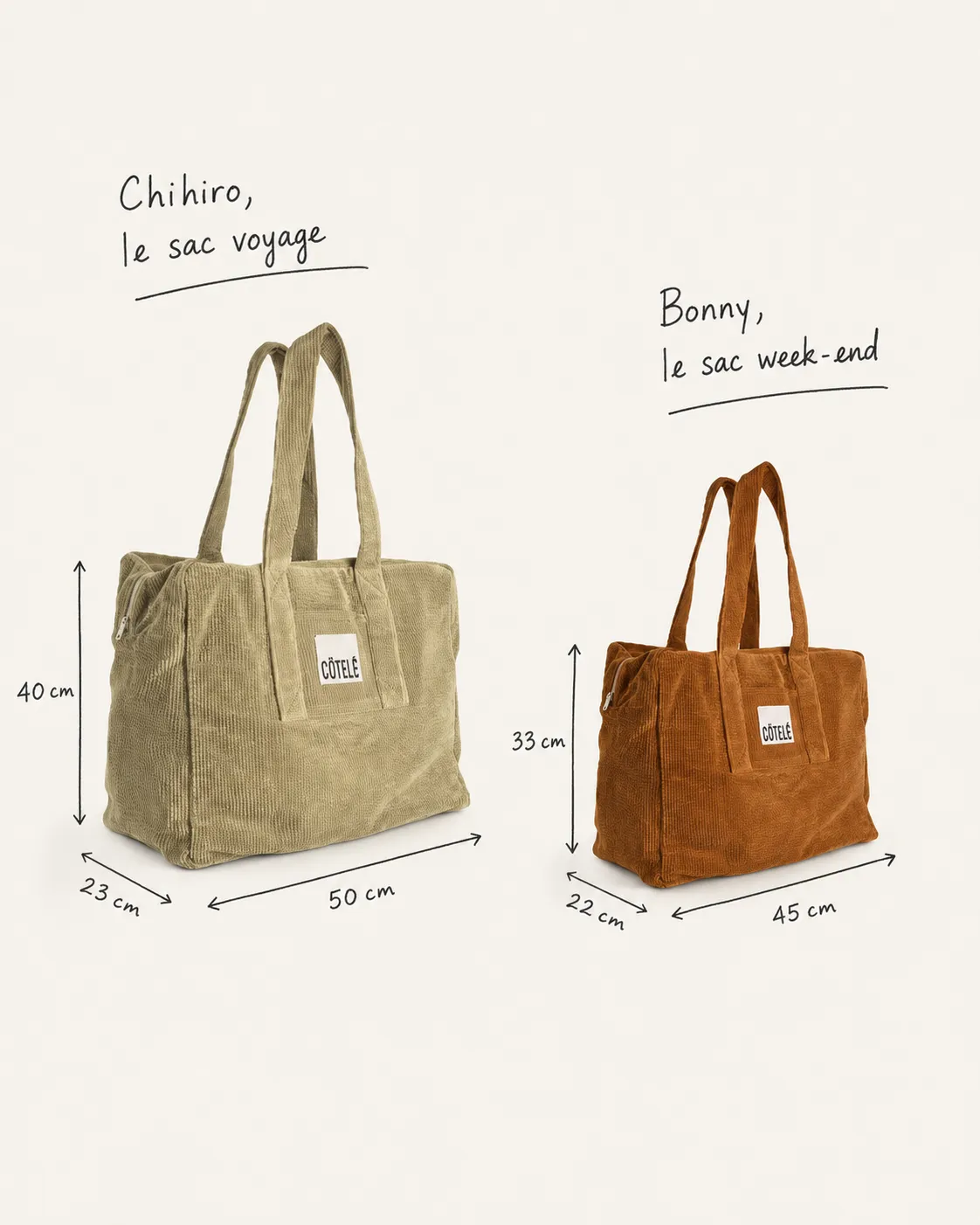 Cotelé Paris Chihiro sauge sac voyage velours 50 cm