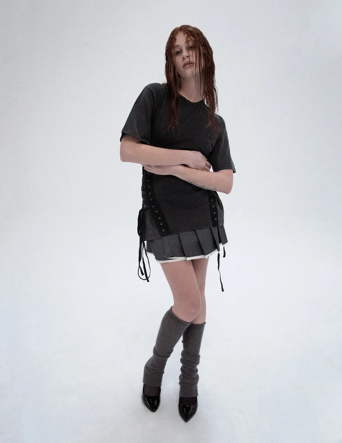 Paolo Leduc Mini Kilt jupe grise laine plissée ajustable