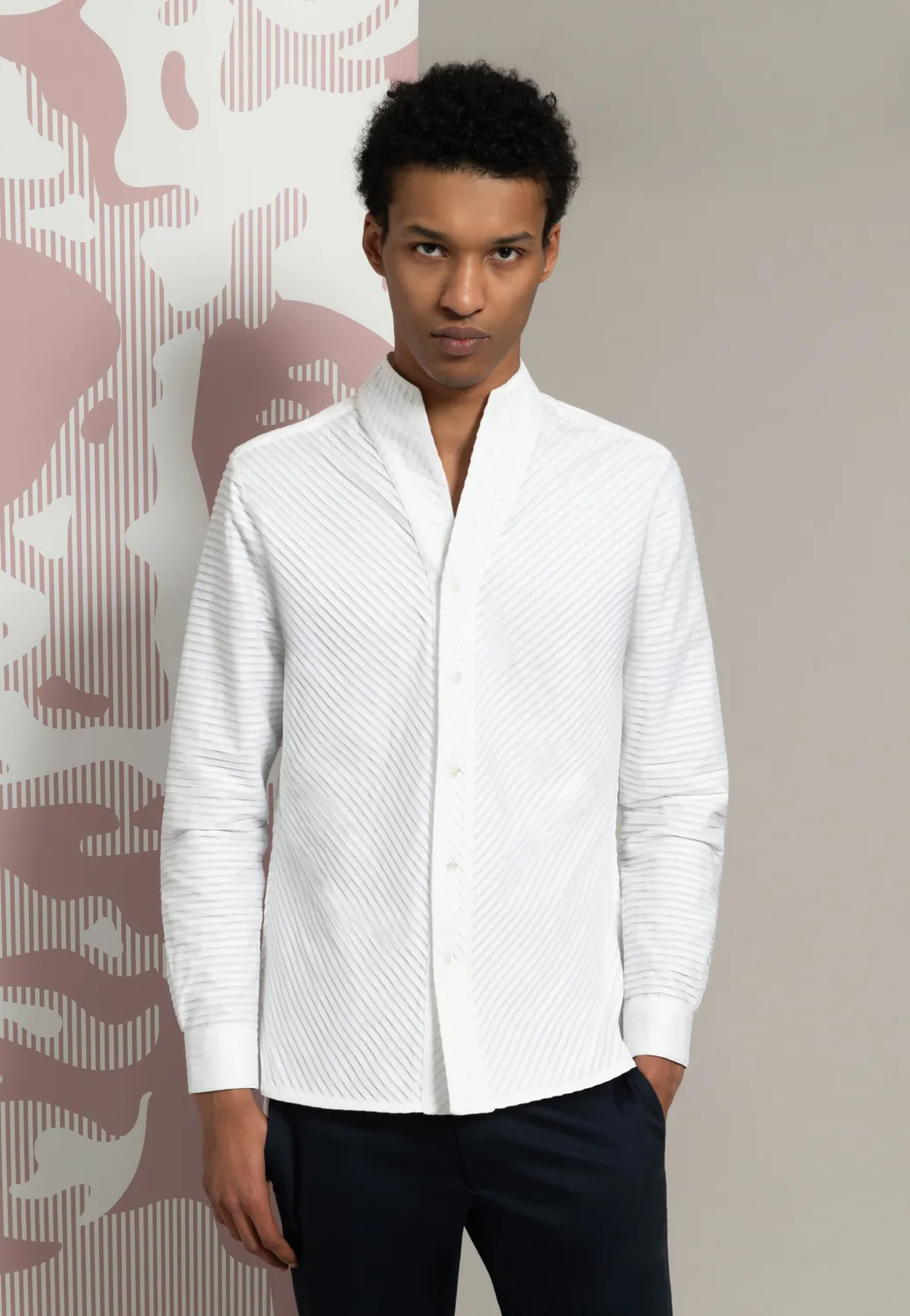 Pierre Talamon Plissée chemise blanche col montant coton