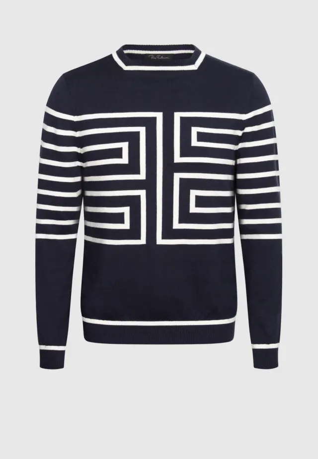 Pierre Talamon pull jersey graphique marine ivoire