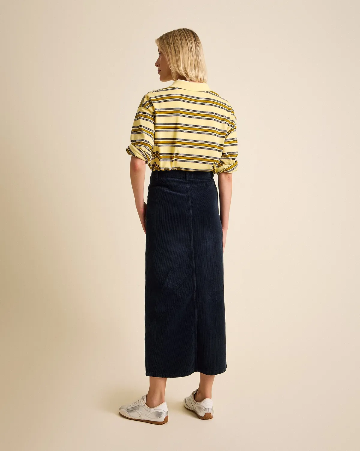 Cotelé Paris Jupe Frida navy midi fendue droite