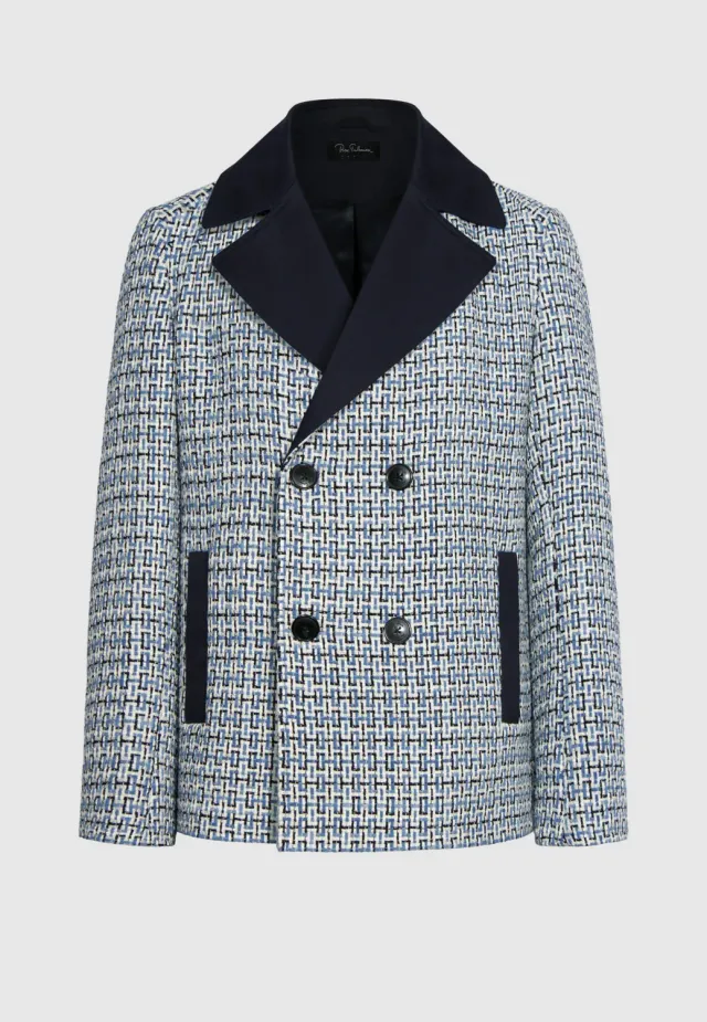Pierre Talamon caban tissé blanc bleu marine croisé tweed