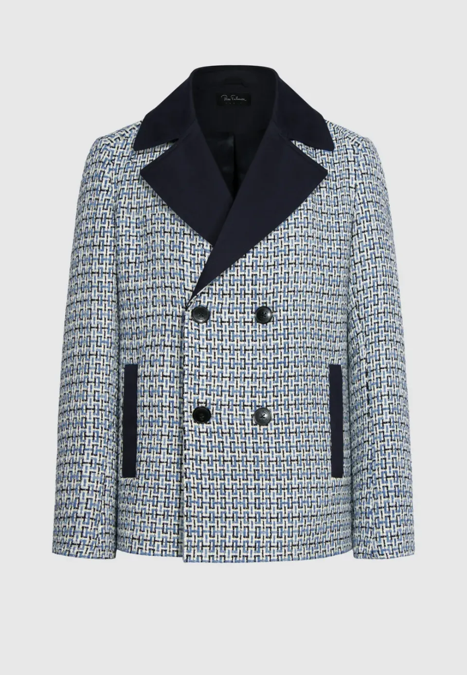 Pierre Talamon caban tissé blanc bleu marine croisé tweed