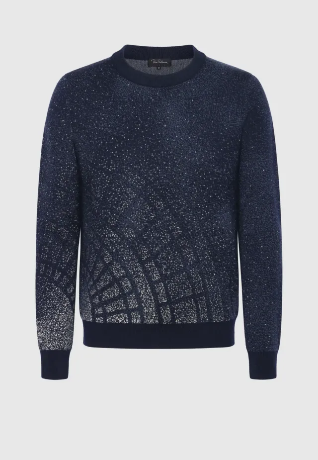 Pierre Talamon Jacquard Motif Neige Pull Marine Laine