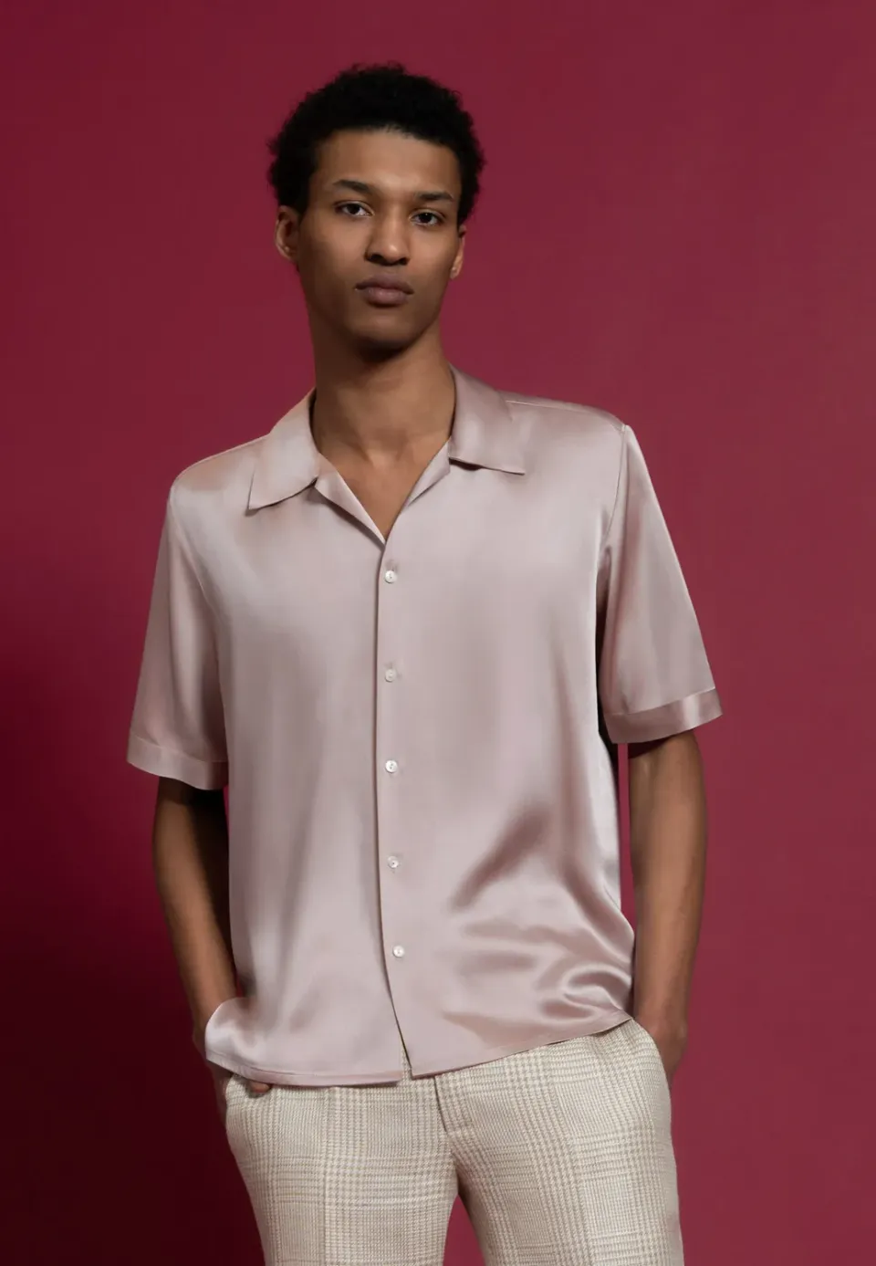 Pierre Talamon chemise satin rose col hawaïen