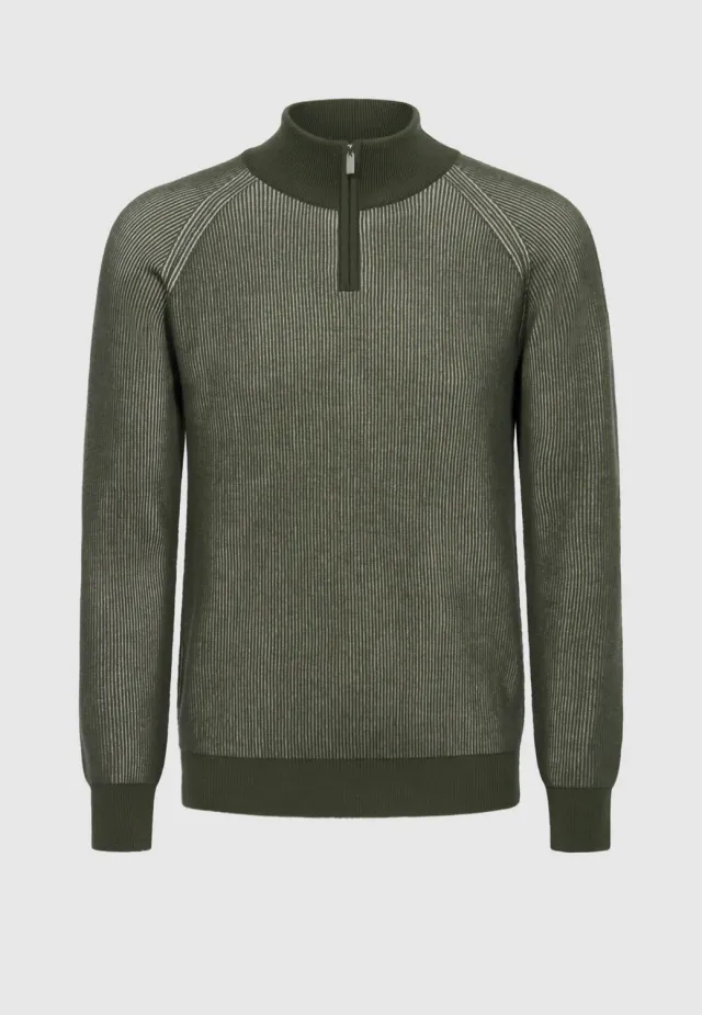 Pierre Talamon col zippé bicolore pull kaki blanc laine