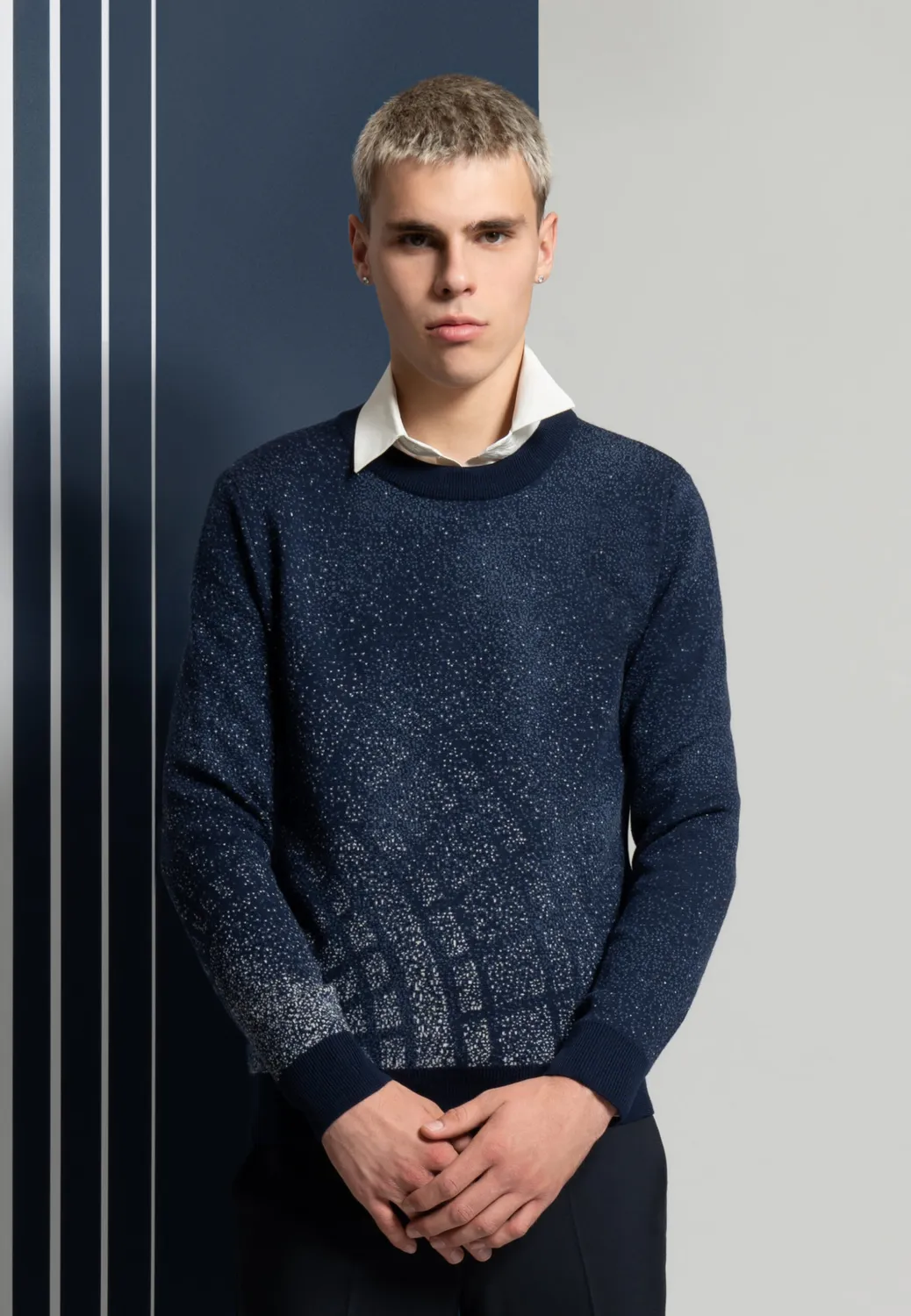 Pierre Talamon Jacquard Motif Neige Pull Marine Laine