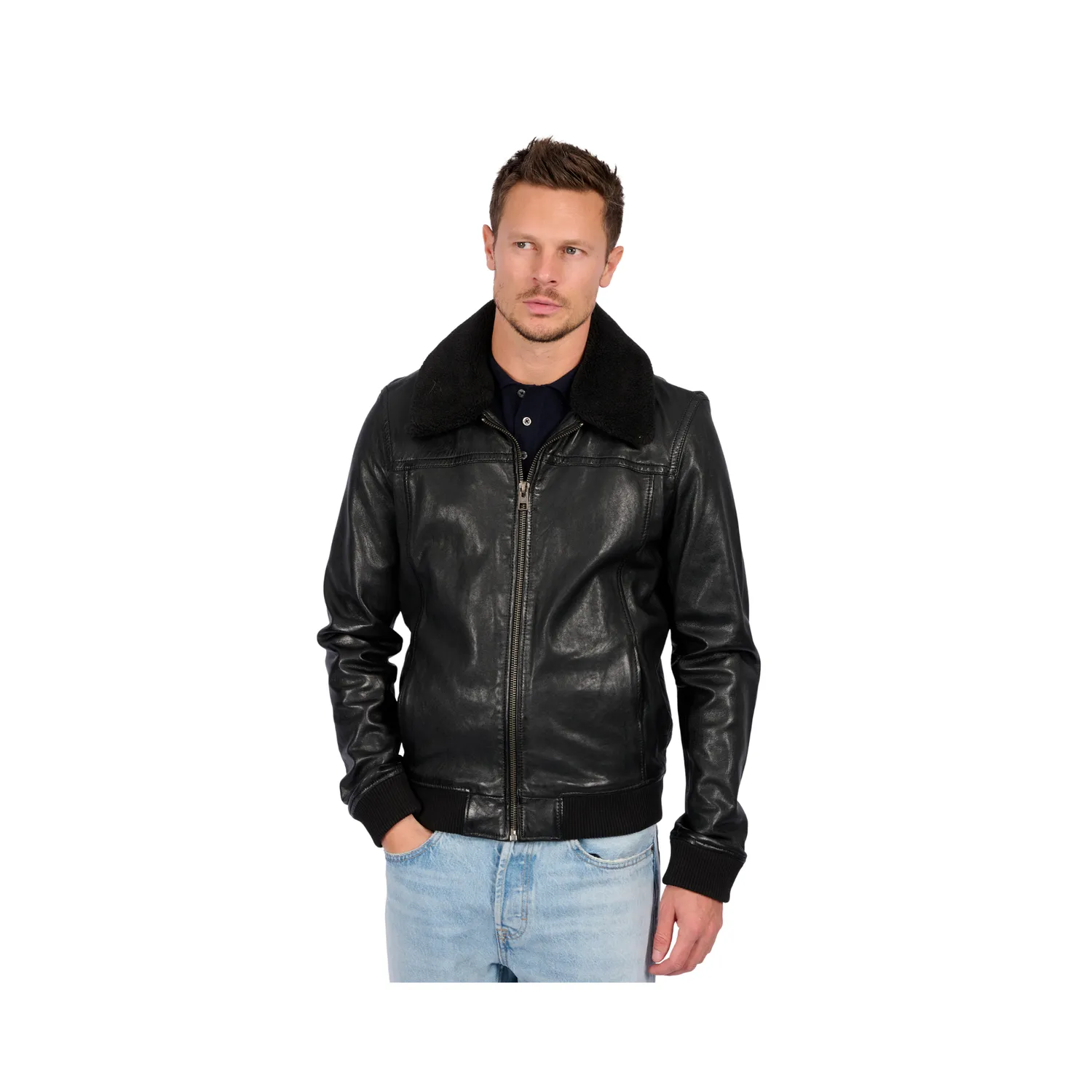 Oakwood Trader 64383 blouson cuir noir col fourrure