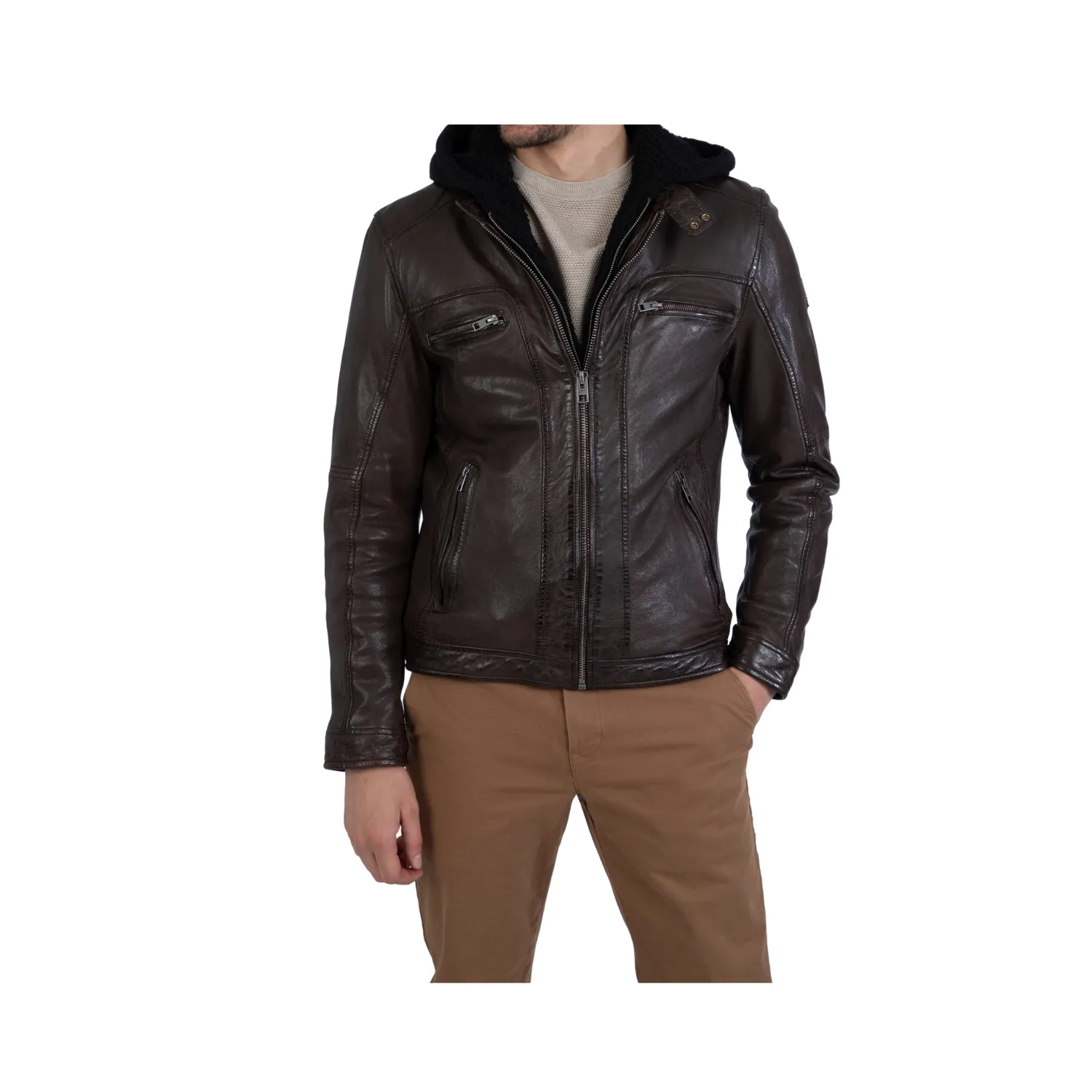 Oakwood Drink 63036 blouson cuir homme chocolat capuche amovible