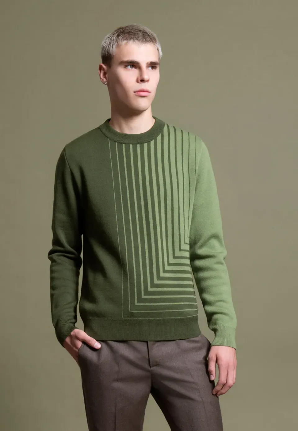 Pierre Talamon Pull jacquard mérinos vert motif géométrique