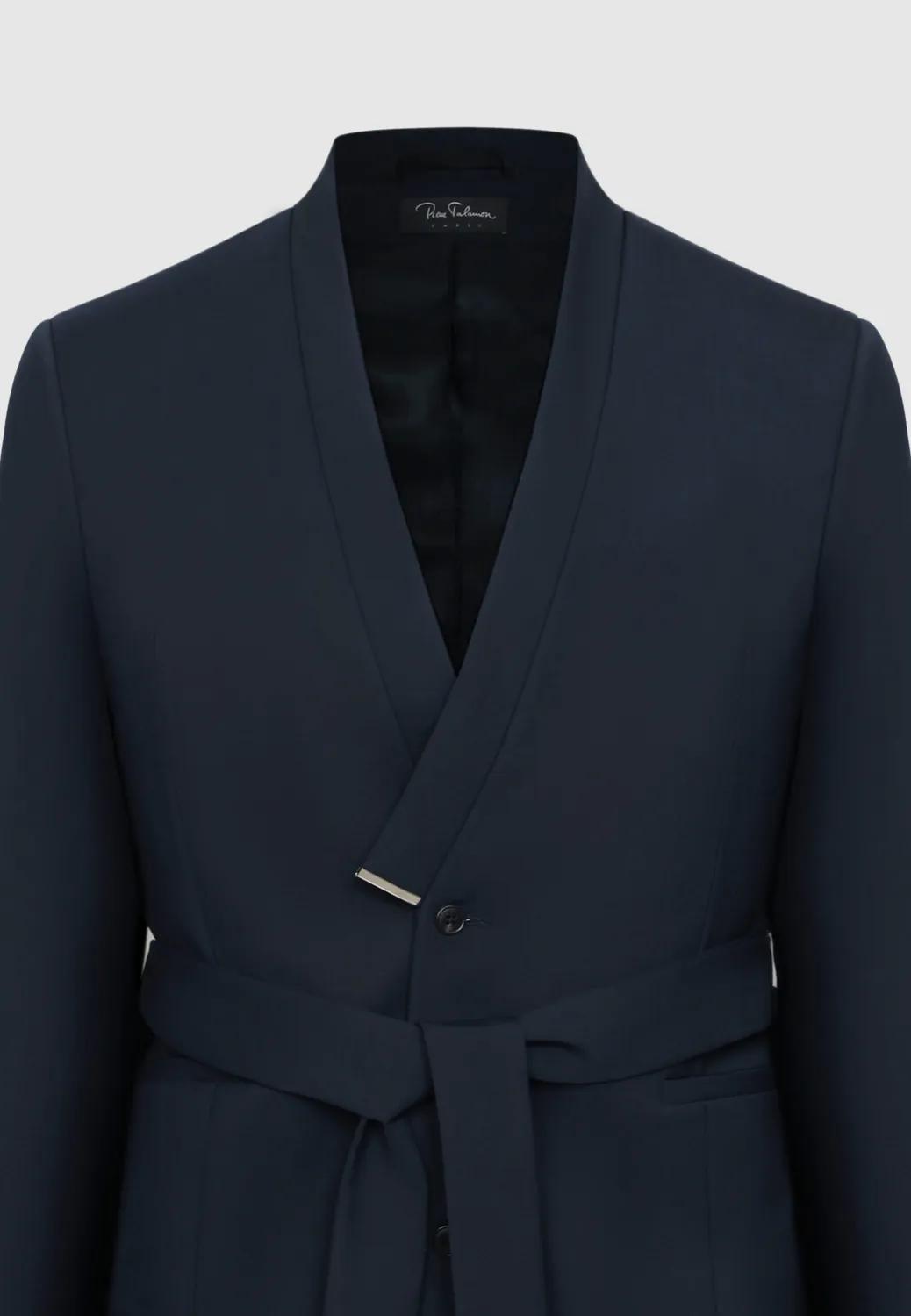 Pierre Talamon Yukata veste laine bleu marine ceinturée