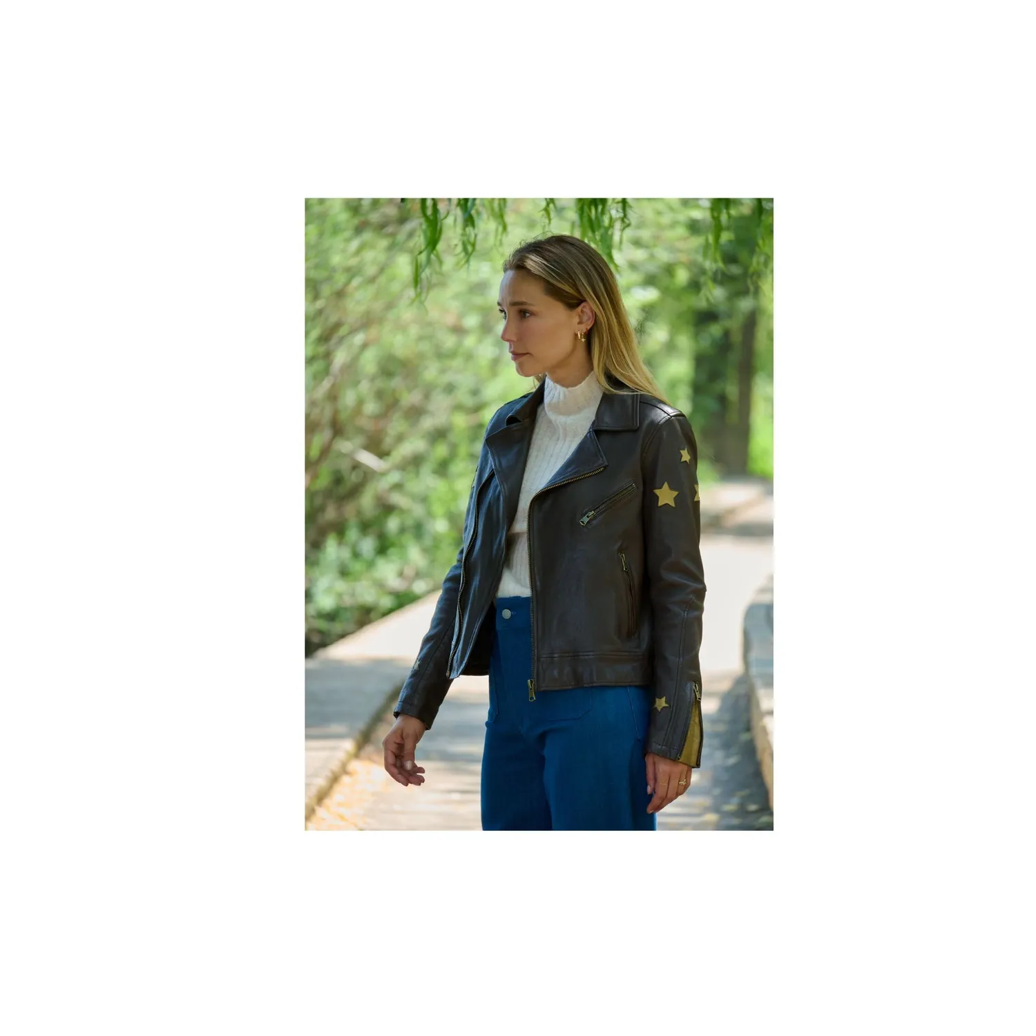Oakwood Ed 65158 blouson cuir asymétrique choco étoiles