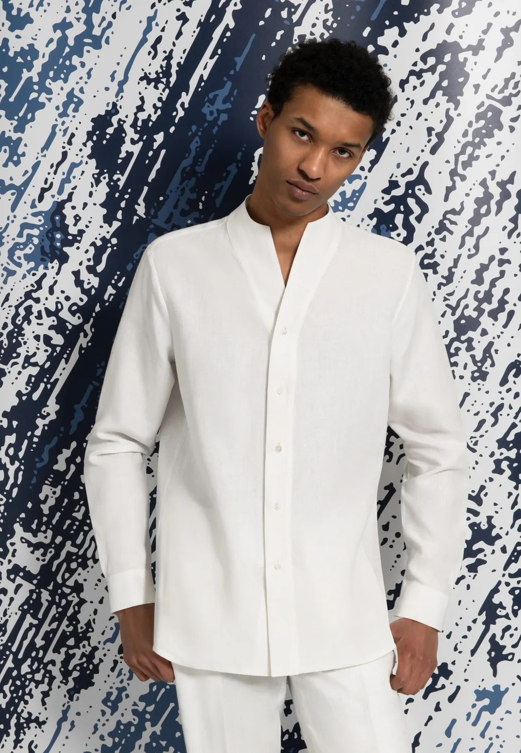 Pierre Talamon chemise lin blanc col montant droite