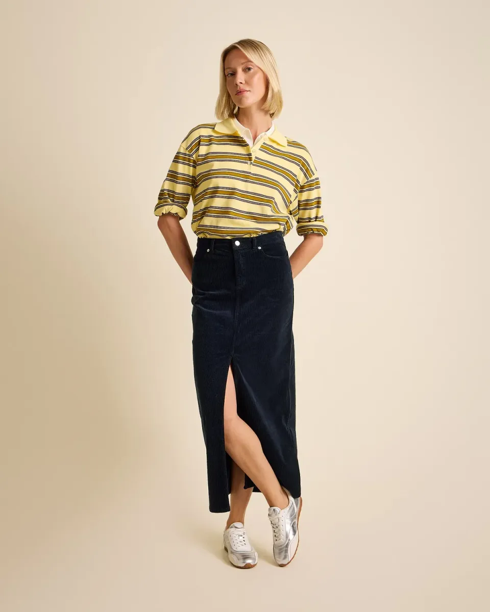 Cotelé Paris Jupe Frida navy midi fendue droite