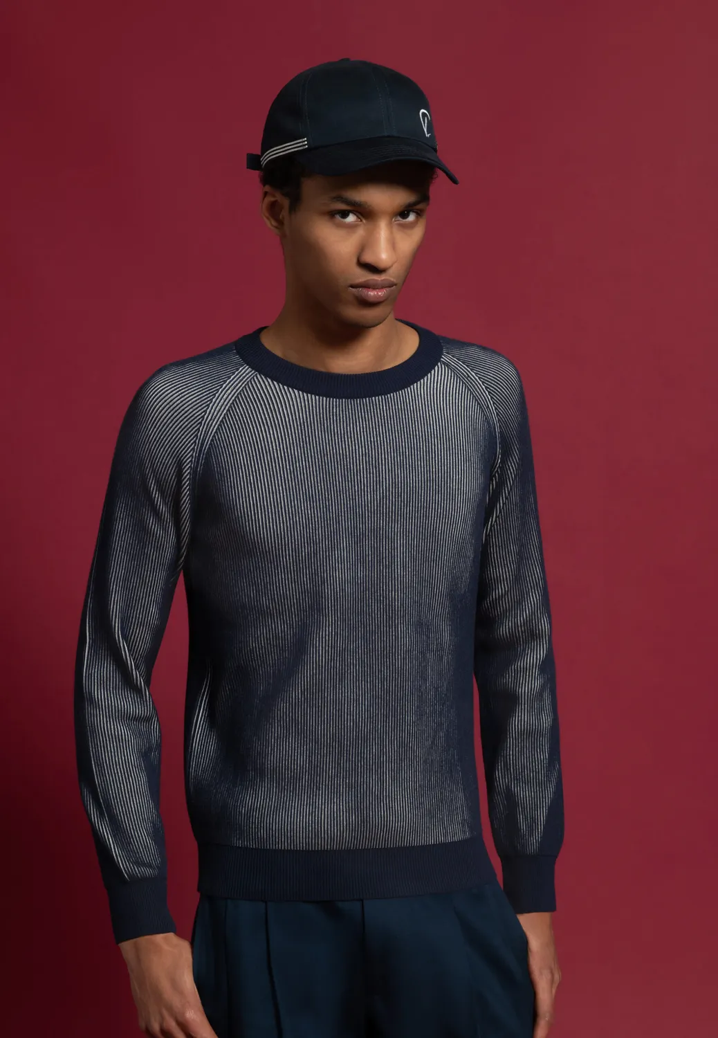Pierre Talamon pull vanisé bleu blanc coton