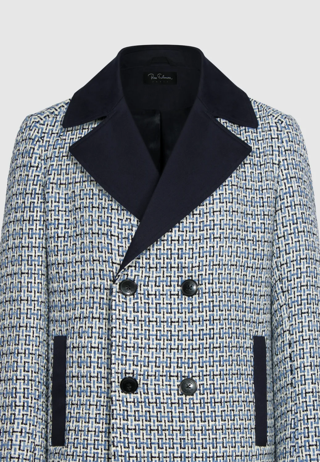 Pierre Talamon caban tissé blanc bleu marine croisé tweed