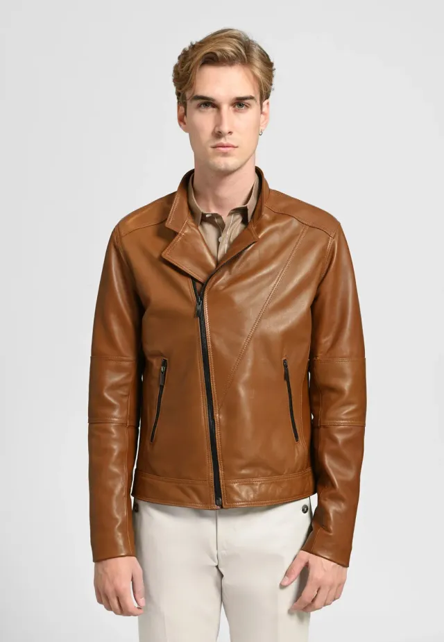 Pierre Talamon Camel perfecto cuir camel zippé