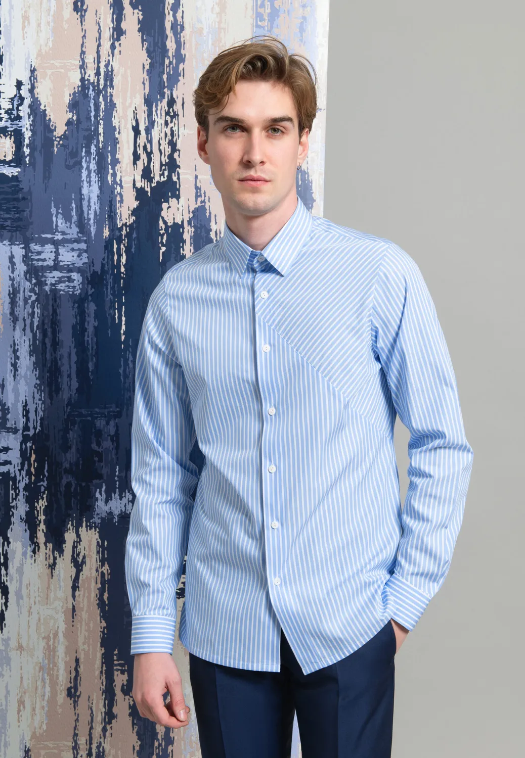 Pierre Talamon Diagonale chemise rayée bleu ciel coton