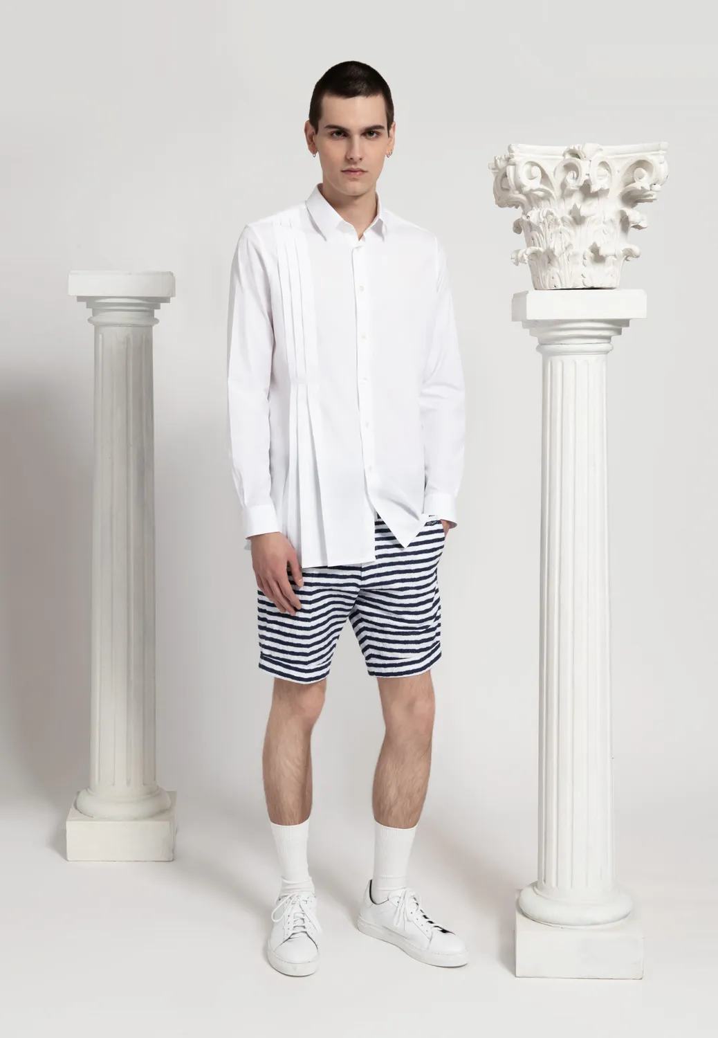 Pierre Talamon Bermuda Blanc Rayures Bleues Coton