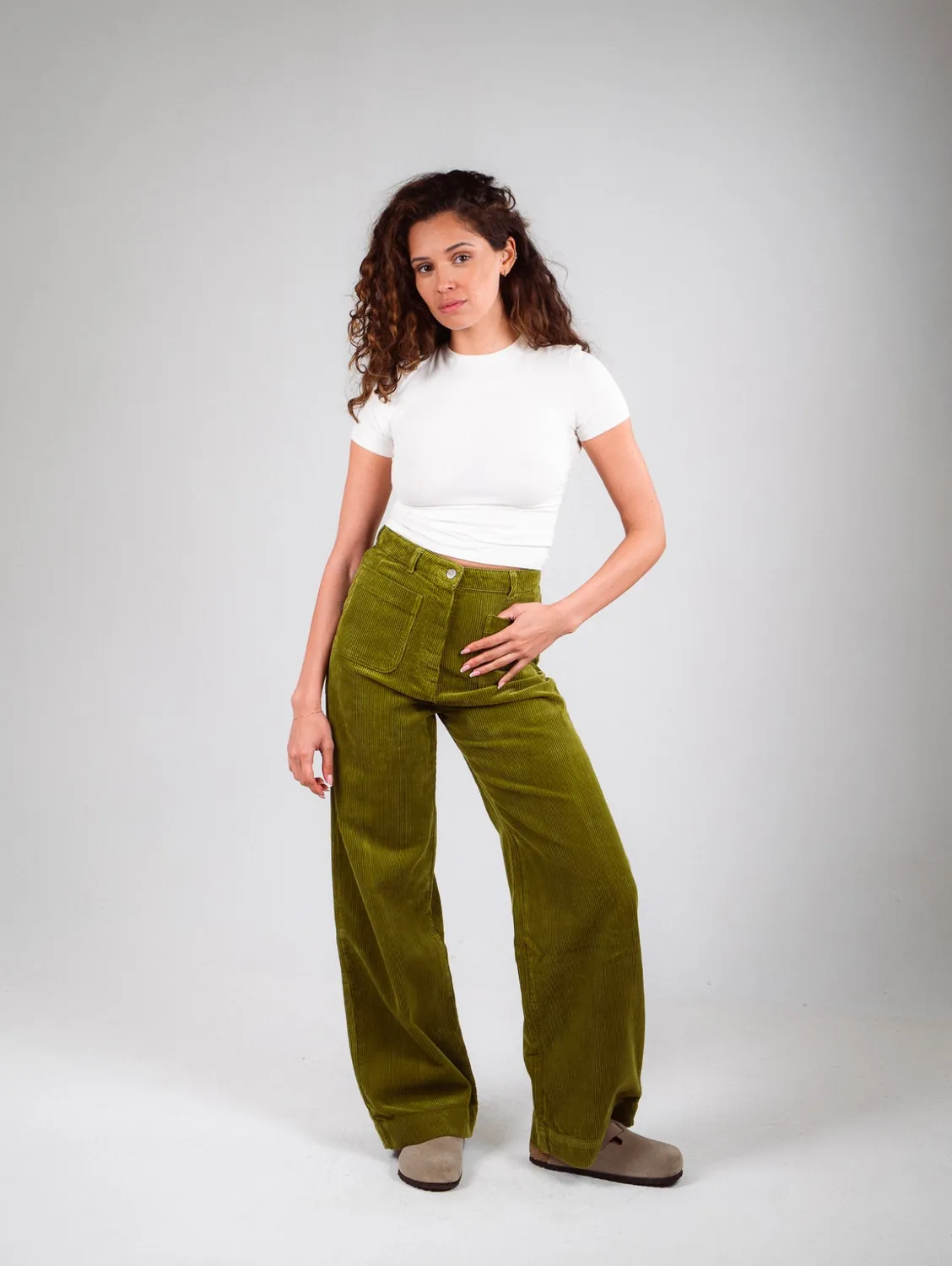 Cotelé Paris Jane pantalon kaki velours taille haute