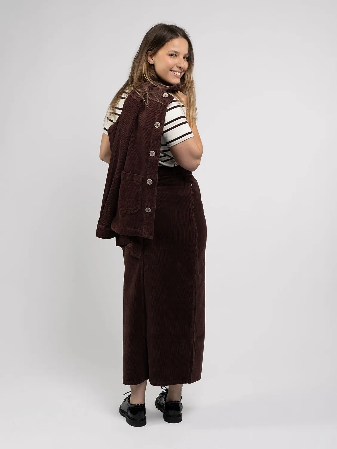 Cotelé Paris jupe Frida chocolat midi fendue droite 32-44