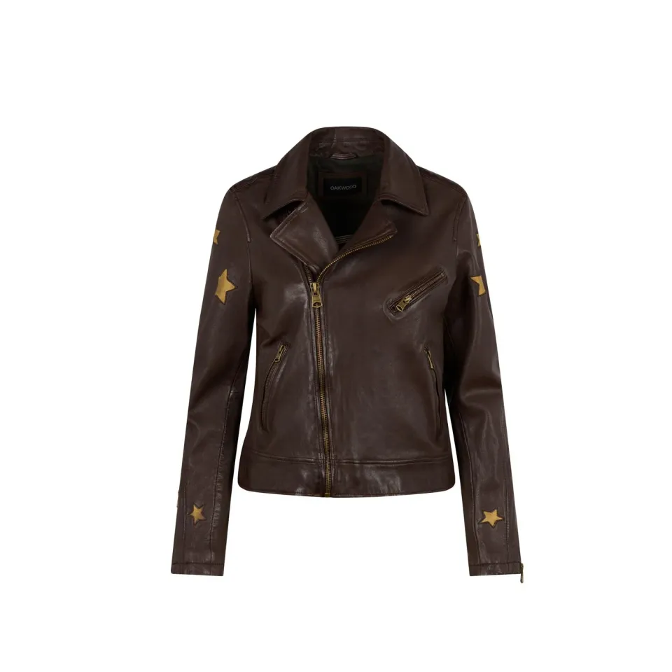 Oakwood Ed 65158 blouson cuir asymétrique choco étoiles