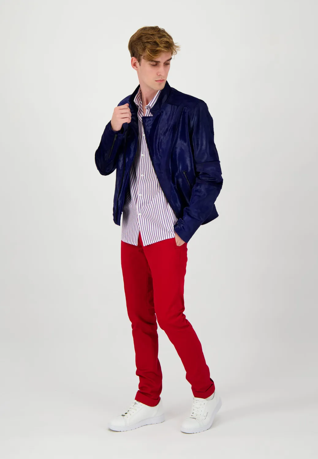 Pierre Talamon chemise rayée bleu rouge coton